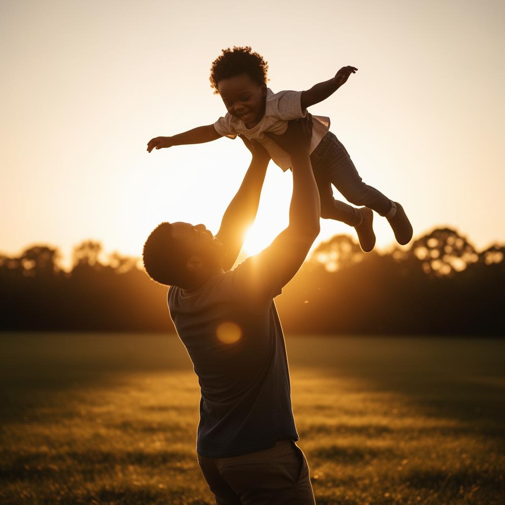 A father lifting his child into the golden sunlight